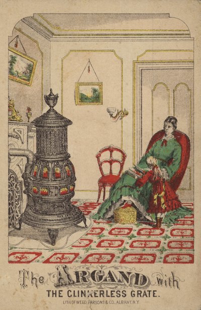 Bambino che legge un libro alla madre vicino alla stufa da American School