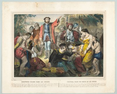 Cristoforo Colombo tra gli indiani (litografia a colori) da American School
