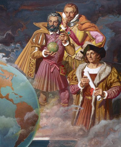 Cristoforo Colombo, Ferdinando Magellano e Vasco de Gama, c.1940 da American School
