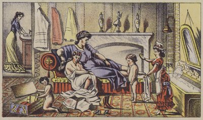 Personaggi classici in una casa moderna, pubblicità di un sapone (chromolitho) da American School