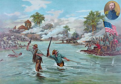 Col. Funston e i 20th Kansas Volunteers attraversano il fiume a Calumpit, 26 aprile 1899, pub. 1899 da American School