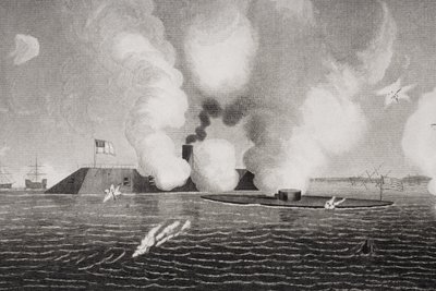 Combattimento tra la CSS Virginia Confederata (sinistra) e la USS Monitor dell