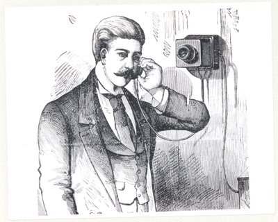 Telefono a condensatore in uso, da The Electric Telephone di George Bartlett Prescott, 1890 da American School