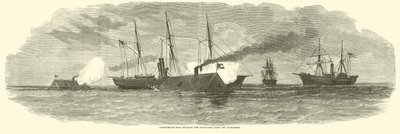 Arieti confederati che ingaggiano la flotta di blocco al largo di Charleston, gennaio 1863 da American School