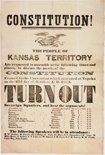 Costituzione! Il popolo del Territorio del Kansas è invitato a riunirsi..., stampato da E. C. K. Garvey & Co., c.23 ottobre 1855 da American School