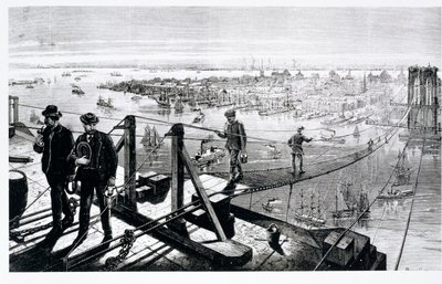 Costruzione del Ponte di Brooklyn, New York da American School