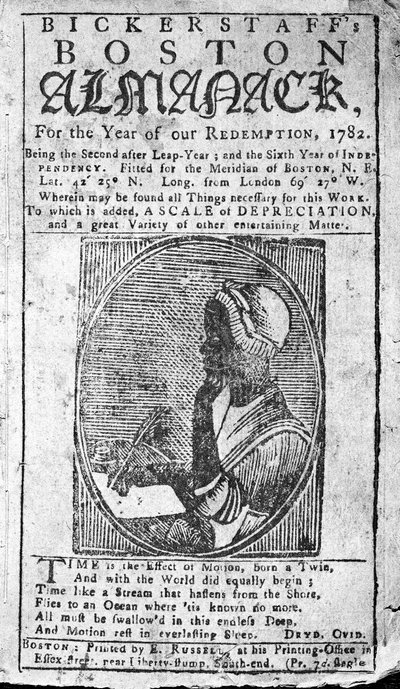 Copertina di Bickerstaffs Boston Almanack con un ritratto di Phillis Wheatley (1753-84) pubblicato nel 1782 da American School