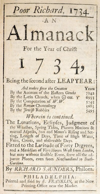 Copertina di Poor Richard, un Almanacco, 1734 da American School