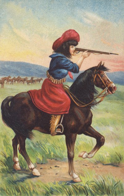 Cowgirl a cavallo che punta un fucile (cromolitografia) da American School