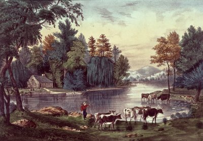 Mucche sulla riva di un lago, pubblicato da Nathaniel Currier e James Merritt Ives da American School
