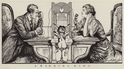 Cupido che orchestra una telefonata tra un uomo e una donna (litografia) da American School