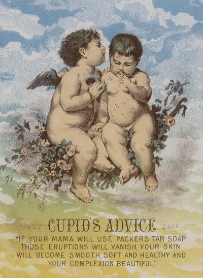 Il consiglio di Cupido, cartolina pubblicitaria americana per il sapone di catrame Packers da American School