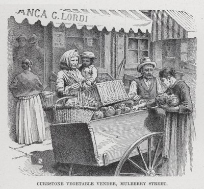 Venditore di verdure sul marciapiede, Mulberry Street (litografia) da American School