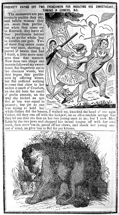 Davy Crockett che paga due francesi per aver insultato la sua amata, domando una leonessa, ecc., illustrazione da Crocketts Almanack da American School