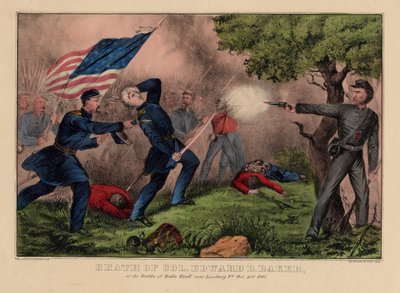 Morte del Col. Edward D. Baker, nella battaglia di Balls Bluff vicino a Leesburg VA., 21 ottobre 1861, pub. da Currier & Ives, c.1861 da American School
