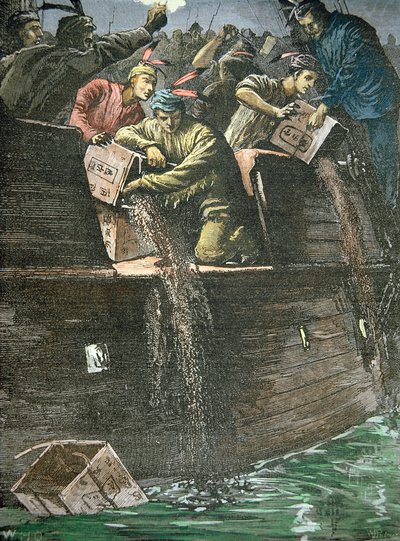 Distruzione dei carichi di tè, noto come il Boston Tea Party da American School