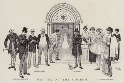 Detective, avvocati e correligionari in attesa della fine di un matrimonio in chiesa (litografia) da American School