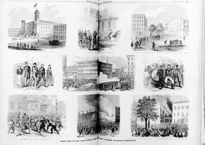 Rivolte della leva a New York, scene emozionanti durante il regno del terrore, 1863 da American School