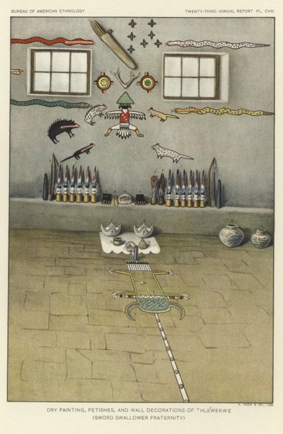 Pittura a secco, feticci e decorazioni murali di Thlewekwe (confraternita degli ingoiatori di spade) (litografia a colori) da American School