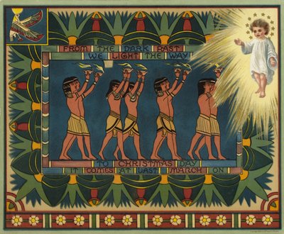 Cartolina di Natale a tema egiziano, che mostra come il passato ha portato a Gesù Cristo (litografia a colori) da American School