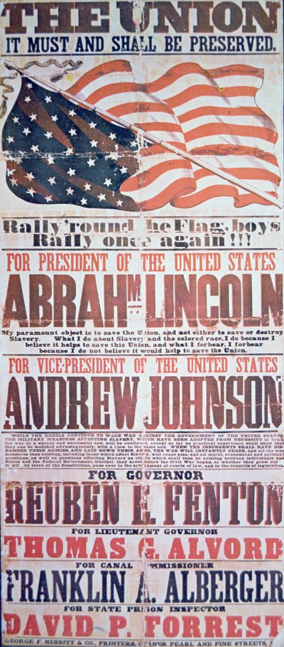 Manifesto della campagna elettorale per Abraham Lincoln (1809-65) come Presidente e Andrew Johnson (1808-75) come Vice Presidente da American School
