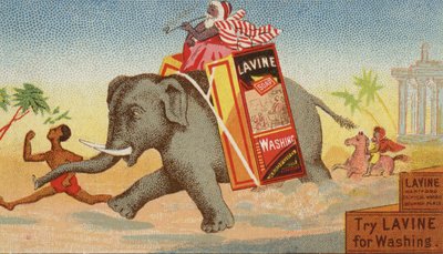 Elefante che corre con una scatola di sapone da bucato da American School