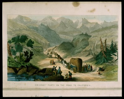 Partito di emigranti sulla strada per la California nel 1596, illustrazione da California, its past history, its present position, its future prospects di G.A. Fleming, 1850 da American School
