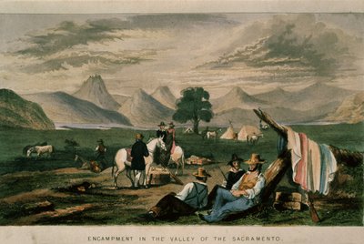 Accampamento nella Valle del Sacramento nel 1598, illustrazione da California, its past history, its present position, its future prospects di G.A. Fleming, 1850 da American School