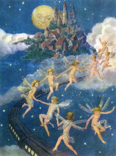 Fate che volano verso un castello nel cielo da American School