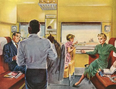 Famiglia che gode di una cabina di prima classe durante un viaggio in treno da American School