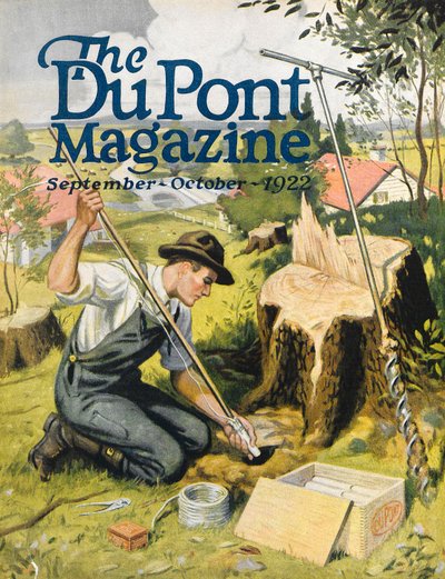 Contadino che pianta dinamite DuPont, copertina della rivista DuPont, settembre-ottobre 1922 da American School