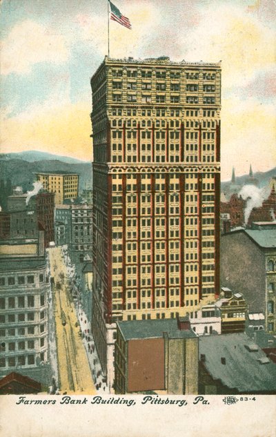 Edificio della Farmers Bank, Pittsburgh, Pennsylvania, USA (litografia a colori) da American School