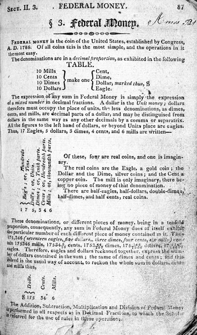 Denaro Federale, pagina da The Scholars Arithmetic 6a Edizione, di Daniel Adams, pubblicata da N.H.Keene, 1810 da American School