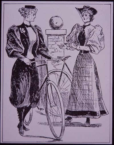 Costume da ciclismo femminile, che mostra una ragazza in pantaloni alla zuava, New York, USA da American School