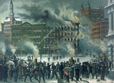 Incendio nel New York World Building, dedicato ai nostri coraggiosi pompieri, pub. da W.M. Bruns, 1882 da American School