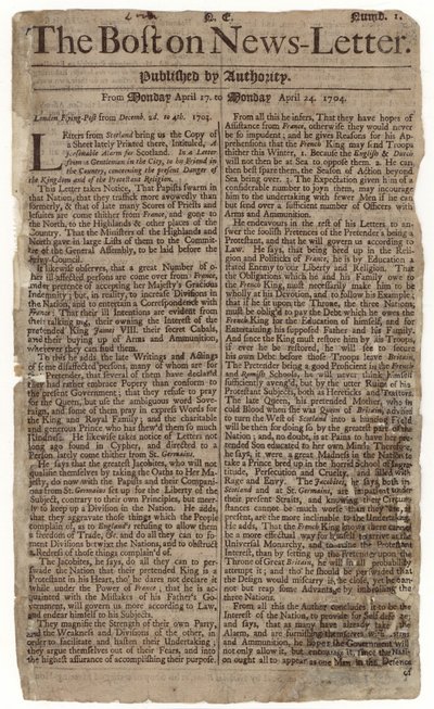 Primo numero del Boston News-Letter, 1704 da American School