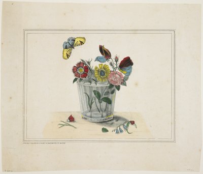 Fiori in un bicchiere, con farfalla da American School