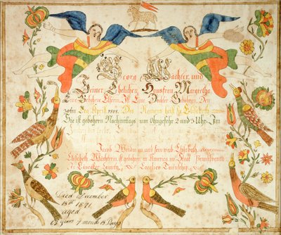 Fraktur per il certificato di nascita e battesimo di Elizabeth Wachter (1808-71) 1808 (inchiostro e acquerello su carta) da American School