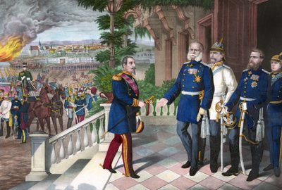 Guerra franco-prussiana 1870-1871: La resa di Napoleone III dopo la battaglia di Sedan, 2 settembre 1870. Incisione a colori, americana, c1871 - Guerra del 1870: Napoleone III (1808-1873) prigioniero dopo la battaglia di Sedan incontra Guglielmo I di Pruss da American School