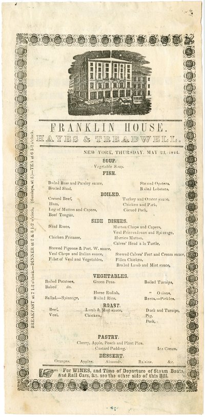 Menù della Franklin House per il 23 maggio 1844, 1844 da American School