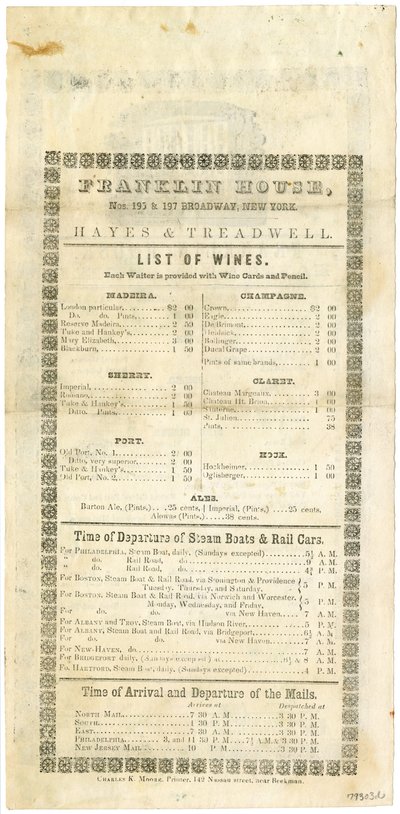 Lista dei vini della Franklin House per il 23 maggio 1844, 1844 da American School
