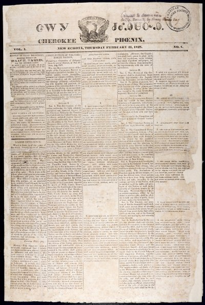 Prima pagina del Cherokee Phoenix, 21 febbraio 1828 da American School