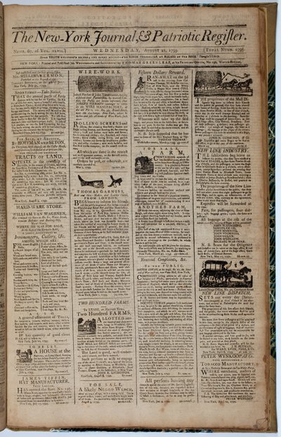 Prima pagina del New York Journal and Patriot Register, 21 agosto 1793 da American School