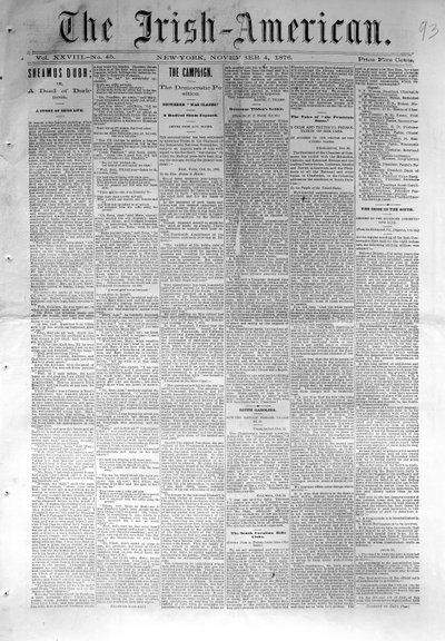 Prima pagina di The Irish-American, pubblicato a New York, 4 novembre 1876 da American School