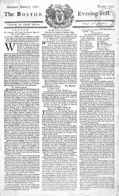 Prima pagina del Boston Evening Post che annuncia la morte di Re Giorgio II (1683-1760), 5 gennaio 1761 da American School