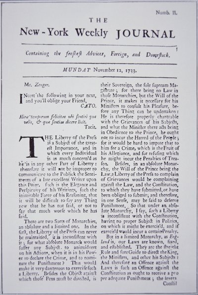 Prima pagina del New-York Weekly Journal che discute la libertà di stampa da American School