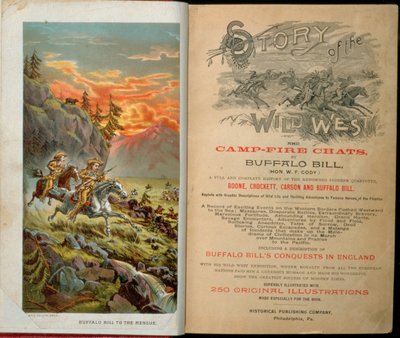 Frontespizio e pagina del titolo di Story of the Wild West and Camp Fire Chats di Buffalo Bill da American School