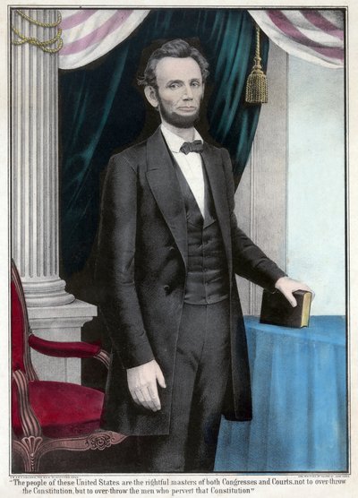 Ritratto a figura intera di Abraham Lincoln, pub. 1865 (litografia a colori) da American School