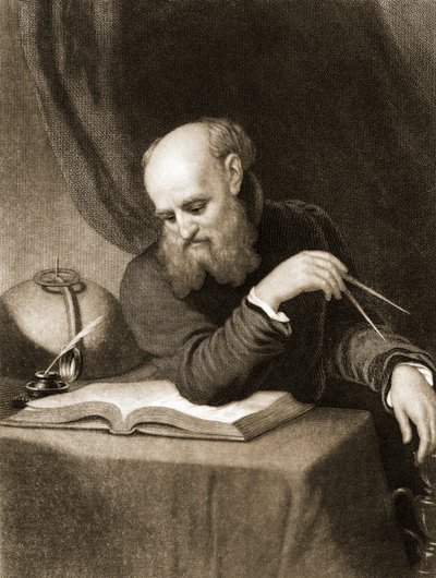 Galileo con bussola e diagrammi, c.1880 (incisione) da American School