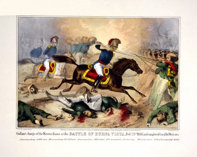 La carica dei Kentuckiani nella battaglia di Buena Vista, il 23 febbraio 1847, e la completa sconfitta dei messicani. 23 febbraio 1847 e la completa sconfitta dei messicani, pub. 1847 (litografia colorata a mano) da American School